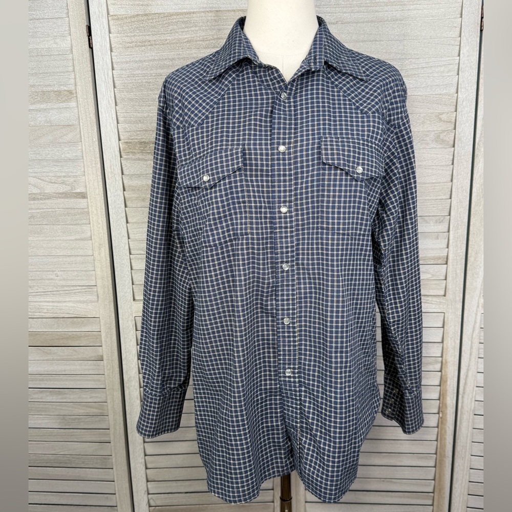 ELY CATTLEMAN Men's Long Sleeve Shirt Pearl Snap Front Blue Check/Multi-16/33